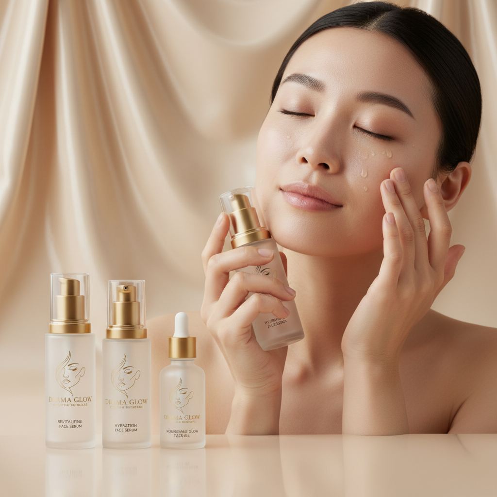 Asian woman tapping hydration serum