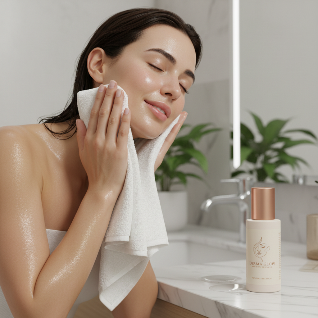 Woman patting face with towel