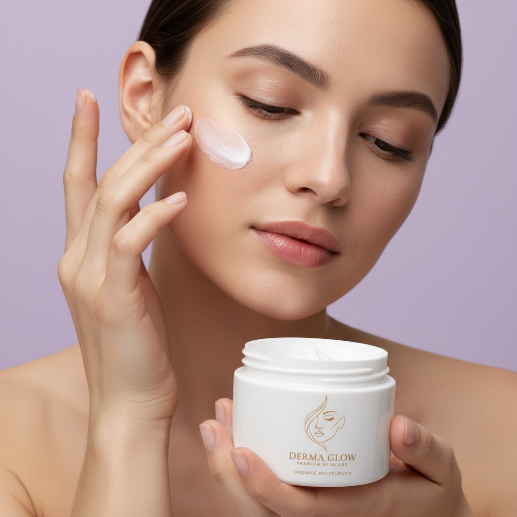 Model applying moisturizer from jar