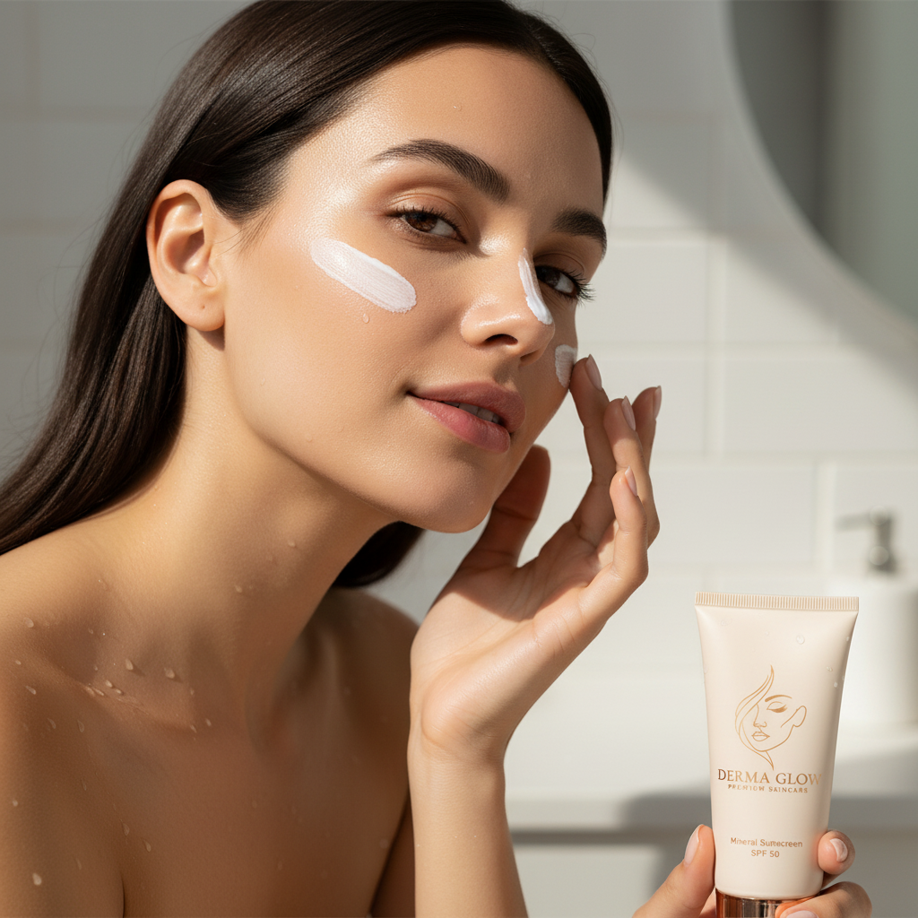 Model applying sunscreen