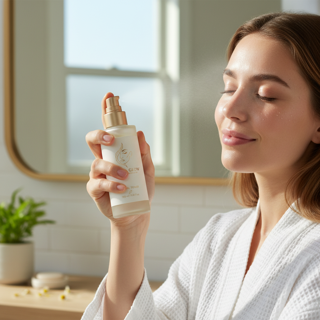 Model spraying toner on face